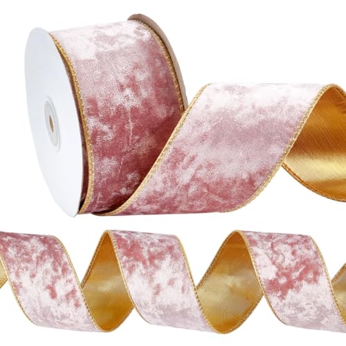 MAYJOYDIY 9.1m Rosa Samtband Mit Draht 64mm Goldene Kanten Rosafarbenes Pannesamt Weihnachtsband Zum Verpacken von Geschenken Hochzeiten Feiertagsdekorationen Basteln Kränzen Aufsätzen Und Schleifen von MAYJOYDIY