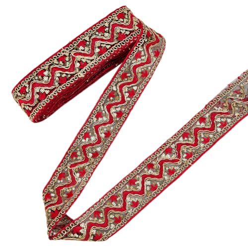 MAYJOYDIY 9.1m Rote Pailletten Vintage Jacquardband 5cm Ethnisches Polyester Metallischer Glitzer Stickerei Pailletten Perlenbesatz Applikationsband Zum Nähen Basteln DIY Hochzeitsdekor von MAYJOYDIY
