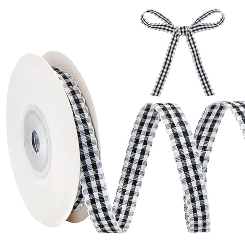 MAYJOYDIY 9.1m Schwarzes Gingham Karoband 10mm Kariertes Band Mit Gewelltem Rand Gewebte Polyester Karokante Für Haarschmuck Blumen Geschenkverpackungen Blumensträuße Kleidungsdekoration von MAYJOYDIY