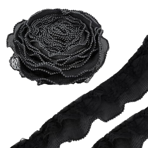 MAYJOYDIY 9.1m Schwarzes Spitzenband Mit Perlenbesatz 55mm Plissierter Rüschenbesatz Mit Perlen Schwarze Plissierte Spitzenkante Für Hochzeitskleider Kleidung Hemden Kissen Vorhänge Dekoration von MAYJOYDIY