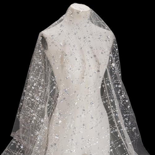 MAYJOYDIY 90×130cm Beigefarbener Glitzer Pailletten Netzstoff Tüll Spitze Stoff Quadratischer Bestickter Tüllstoff Karierter Netzstoff Vergoldeter Spitzenstoff Für Hochzeitsempfänge Party Kostüm Dekor von MAYJOYDIY