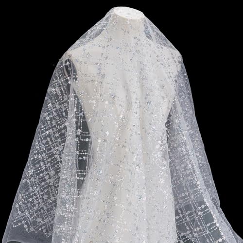 MAYJOYDIY 90×130cm Weißer Glitzer Pailletten Netzstoff Tüll Spitze Stoff Quadratisch Bestickter Tüllstoff Karierter Vergoldeter Spitzenstoff Für Hochzeitsempfangstische Partykostüm Dekoration von MAYJOYDIY