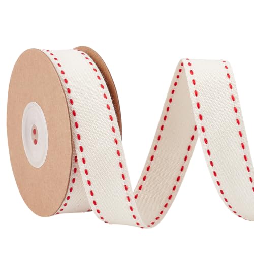 MAYJOYDIY 9m Rotes Baumwollband Mit Nähten 2cm Natürliche Baumwollbandrolle Mit Streifen Rote Streifen Baumwollband Für Heimdekoration Geschenkverpackung DIY Basteln Geburtstag Hochzeitsstrauß von MAYJOYDIY