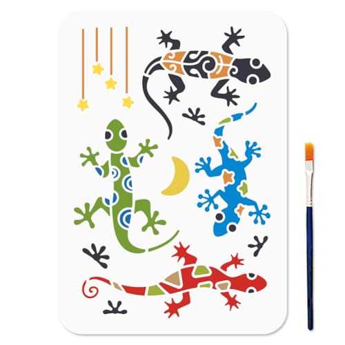 MAYJOYDIY A4 Eidechsen-Schablone, Reptilien-Tierschablone, 29,7 x 21,1 cm, wiederverwendbare Gecko-Zeichenschablone mit Pinsel, Mond, Stern, Tierschablone zum Malen auf Holz, Wand, Stoff, von MAYJOYDIY