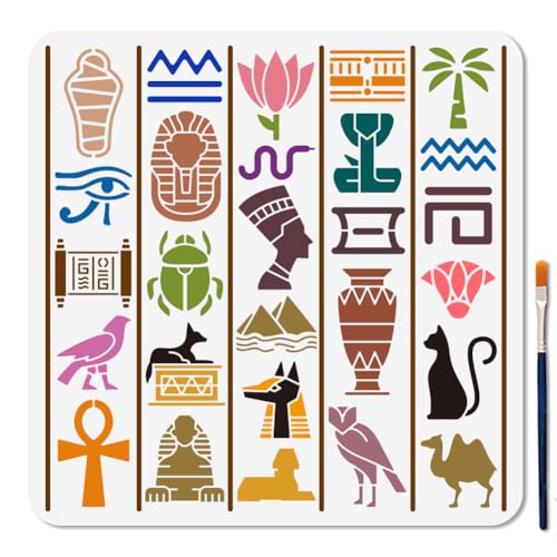 MAYJOYDIY Altägyptische Schablone 30 × 30cm Pharao Pyramide Malschablone Wiederverwendbar Ägyptische Hieroglyphen Vorlage DIY Bastelarbeit Zum Malen Auf Holzmöbeln Leinwand Wanddekoration von MAYJOYDIY
