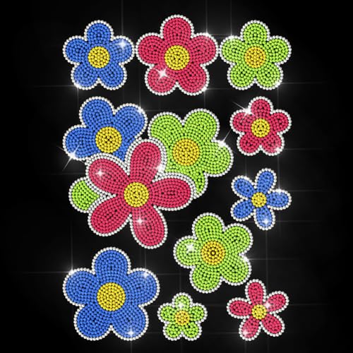 MAYJOYDIY Bunte Blumen Strass Aufkleber Zum Aufbügeln Cartoon Blüten Hotfix Transferaufkleber Regenbogen Gänseblümchen Wärmeübertragungs Patch Für T Shirts Hüte Jacken Kleidersäcke DIY Dekoration von MAYJOYDIY