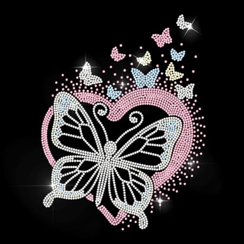 MAYJOYDIY Bunter Schmetterlings Strass Aufkleber Zum Aufbügeln Rosa Herz Hotfix Transferaufkleber Modeartikel Wärmeübertragungspatch Applikation Für T Shirt Mütze Jacke Kleidersack DIY Dekor von MAYJOYDIY