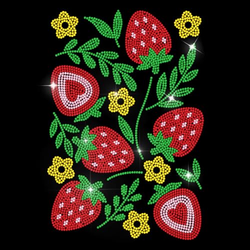 MAYJOYDIY Erdbeerblüten Strass Aufbügler Hotfix Transfer Grüne Blätter Thermotransfer Aufkleber Frisches Obst Bling Kleidungsdekoration Applikation Für Hemd Tasche Hut Jacke Jeans Schuhe DIY Basteln von MAYJOYDIY