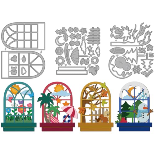 MAYJOYDIY Fenster Mit Vier Jahreszeiten Stanzformen Frühling Sommer Metall Stanzschablonen Herbst Winter Prägung Scrapbooking Vorlage Für DIY Scrapbooking Basteln Kartenherstellung Geschenk Dekor von MAYJOYDIY