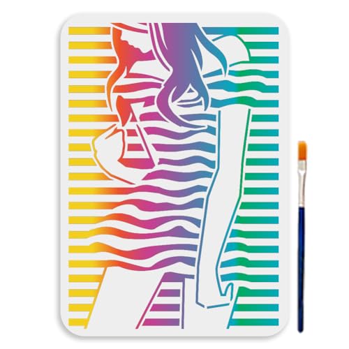 MAYJOYDIY Frauenrock Schablone 29.7×21cm Wiederverwendbare Streifengeometrie Malschablonen Mädchenkleid Körpersilhouette Vorlage Zum Malen Für Holz Leinwand Papier Stoff Wanddekorationen von MAYJOYDIY
