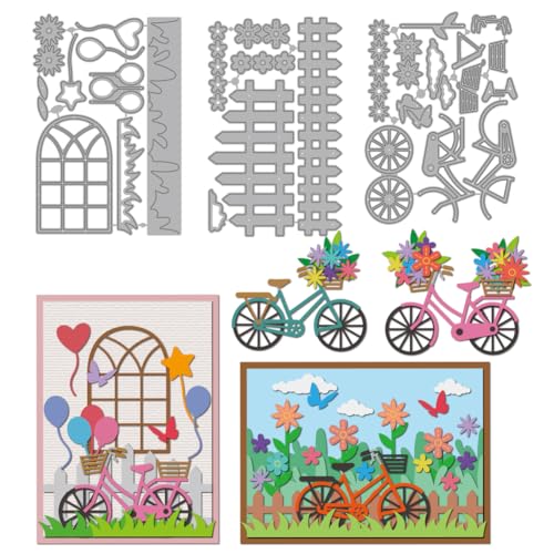 MAYJOYDIY Gartenfenstern Fahrrad Metall Stanzformen Windmühle Ballon Stanzform Blumen Schmetterling Prägevorlage Schablonen Für DIY Scrapbooking Basteln Kartenherstellung Album Geschenk Dekor von MAYJOYDIY