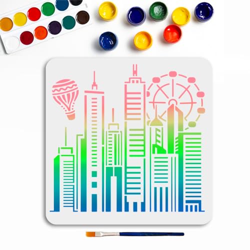 MAYJOYDIY Geometrische Stadt Schablone Hohe Gebäude Malschablonen 30×30cm Wiederverwendbare Heißluftballon Riesenrad Vorlage Zum Malen Für Holz Wände Fenster Heimwerker Dekoration von MAYJOYDIY