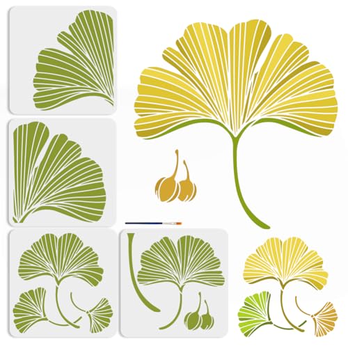 MAYJOYDIY Ginkgo Blatt Schablonen, 30 x 30 cm, 4 Stück Set mit Pinsel, Wiederverwendbare Wandkunst Vorlagen Wiederverwendbare Herbstblatt Malerei Schablone für Wandkunst Wohnkultur Holzstoff von MAYJOYDIY