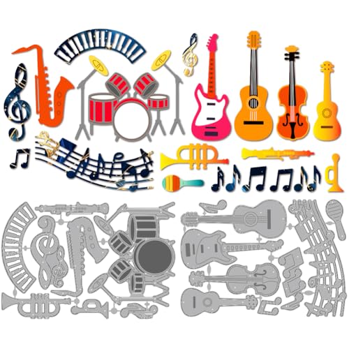 MAYJOYDIY Gitarre Klavier Metall Stanzformen Trommel Violine Noten Stanzformen Schablone Musikinstrumente Prägung Scrapbooking Schnitte Vorlage Für DIY Scrapbooking Karte Machen Album Geschenk Dekor von MAYJOYDIY