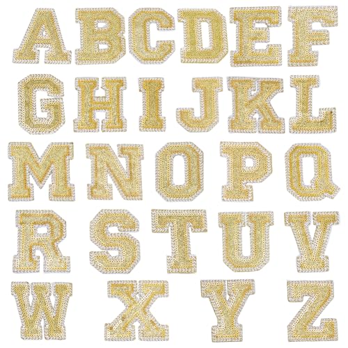 MAYJOYDIY Goldene Pailletten-Buchstaben-Aufnäher, A-Z, Stickerei, Alphabet-Aufnäher, zum Aufnähen, für Kleidung, Dekoration, Buchstaben, Applikation für Hemd, Tasche, Hut, Jacke, Jeans, Schuhe von MAYJOYDIY