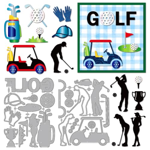 MAYJOYDIY Golf Motiv Metall Stanzformen Golfwagen Schläger Stanzschablone Sportkappen Handschuhe Prägung Scrapbooking Schnitte Vorlage Für DIY Scrapbooking Basteln Kartenherstellung Geschenk Dekor von MAYJOYDIY