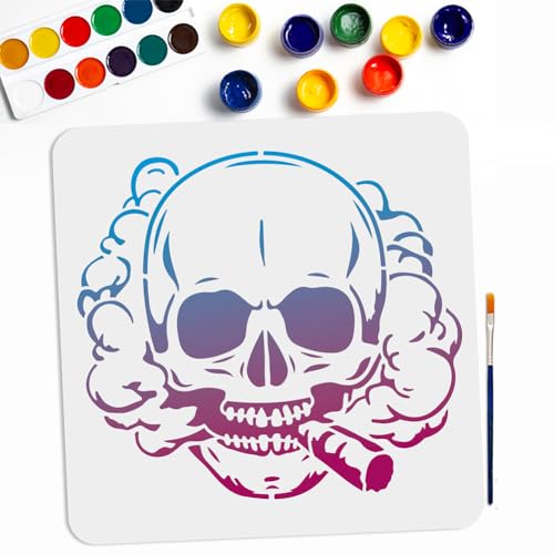 MAYJOYDIY Halloween Rauchen Totenkopf Schablonen 30 × 30cm Schablone Mit Gruseligem Totenkopf Und Pinsel Zeichenvorlage Für Skelettkopf Für Holz Leinwand Möbel Basteln Dekoration MAYJOYDIY Halloween Rauchen Totenkopf Schablonen 30 × 30cm Schablone Mit Gruseligem Totenkopf Und Pinsel Zeichenvorlage Für Skelettkopf Für Holz Leinwand Möbel Basteln Dekoration von MAYJOYDIY