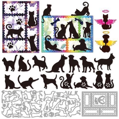MAYJOYDIY Katzen Hunde Silhouette Stanzformen Stempelrahmen Metall Stanzschablone Tierpfotenabdruck Engelsflügel Prägung Karbonstahl Schablonen Für Kartengestaltung DIY Scrapbooking Alben Geschenke von MAYJOYDIY