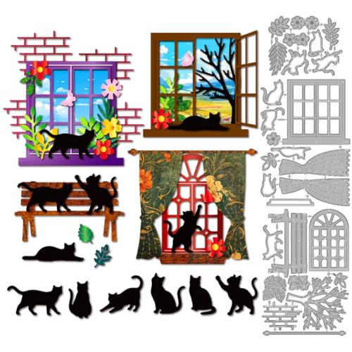 MAYJOYDIY Katzenfenster Vorhang Metall Stanzformen Fensterrahmen Stanzungen Blumenblatt Prägevorlage Katzenbank Karbonstahl Schablonen Für Kartengestaltung Scrapbooking Album Handbuch Geschenkdekor von MAYJOYDIY