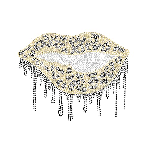MAYJOYDIY Leoparden Lippenmotiv Strass Aufbuegler - Thermo-Transfer-Aufkleber mit Leopardenmuster, Quaste, Kristall Strass Bling Patch, Kleidungsreparatur Applikation Für T Shirt von MAYJOYDIY