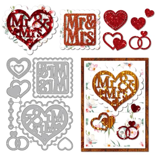 MAYJOYDIY Mr&Mrs Herz Stanzformen Zum Gestalten von Karten Eheringe Prägung Metall Stanzformen Liebes Papierbastel Stanzschablonen Für Scrapbooking Bastelpapier Geburtstagskarten Geschenkdekor von MAYJOYDIY