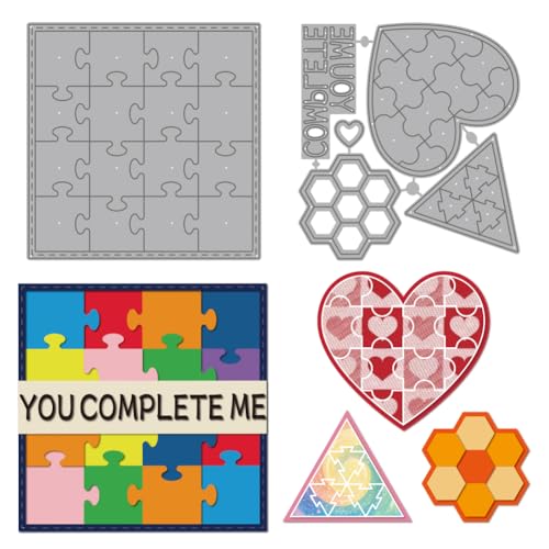 MAYJOYDIY Puzzle Motiv Stanzschablone Geometrische Metall Stanzformen Quadrat Herz Dreieck Sechseck Motiv Puzzle Prägung Karbonstahl Schablonen Für Kartengestaltung DIY Scrapbooking Album Geschenk von MAYJOYDIY