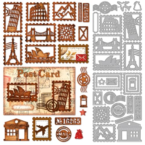 MAYJOYDIY Reisestempel Metall Stanzformen Berühmte Gebäude Stanzungen Umschlag Poststempel Prägevorlage Postleitzahl Schablonen Für Die Kartengestaltung Scrapbooking Album Handbuch Geschenkdekoration von MAYJOYDIY