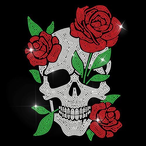 MAYJOYDIY Rosenschädel Strass Aufkleber Zum Aufbügeln Gothic Kopfknochen Hotfix Transfer Aufkleber Romantische Rose Wärmeübertragungs Patch Für T Shirt Mütze Jacke Kleidersack DIY Dekoration von MAYJOYDIY