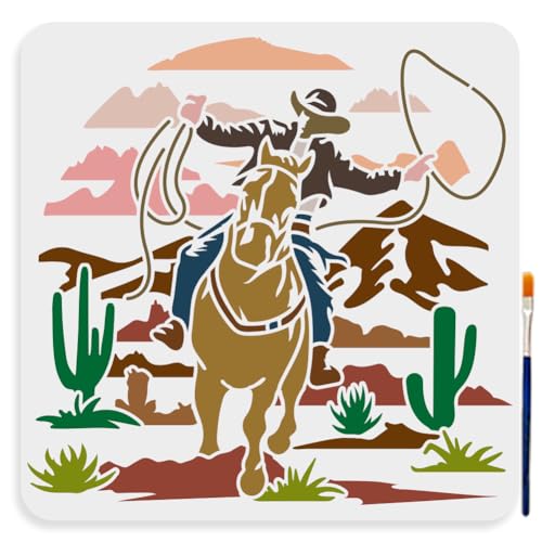 MAYJOYDIY Sonnenuntergang Cowboy Schablone 30X30cm Groß Western Cowboy Schablonen Mit Pinsel Wiederverwendbar Wüstenkaktus Reitpferde Vorlage Für Möbel Fenster Holz Wandfliesen Leinwand Stoff MAYJOYDIY Sonnenuntergang Cowboy Schablone 30X30cm Groß Western Cowboy Schablonen Mit Pinsel Wiederverwendbar Wüstenkaktus Reitpferde Vorlage Für Möbel Fenster Holz Wandfliesen Leinwand Stoff von MAYJOYDIY