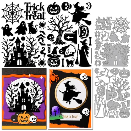 MAYJOYDIY Stanzformen Mit Halloween Motiv Schloss Geister Fledermäuse Metall Stanzformen Hexenbesen Spinnenhut Kürbis Prägeschablonen Für DIY Scrapbooking Basteln Kartenherstellung Album Geschenkdekor von MAYJOYDIY