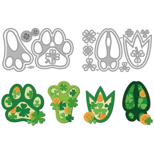 MAYJOYDIY Stanzformen mit Hundepfote, Tierpfote, für Kartenherstellung, Kleeblatt, vierblättriges Kleeblatt, Metall-Stanzschablone für St. Patrick's Day, Prägeschablone für Bastelarbeiten von MAYJOYDIY