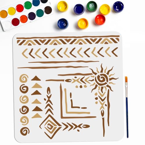 MAYJOYDIY Tribal-Totem-Schablone, 30 x 29 cm, geometrische Tribal-Bordür-Schablonen mit Pinsel, Boho-Aztekenmuster, indische Ecke, Zeichenschablone für Bastelarbeiten, Möbel, Stoff, Wand von MAYJOYDIY