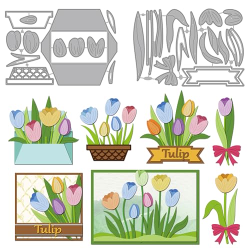 MAYJOYDIY Tulpen Umschlag Stanzformen Zum Kartenbasteln Schleifen Blumenstrauß Prägung Metall Stanzformen Blumentopf Etiketten Schablonen Für Scrapbooking Bastelpapier Geburtstagskarten Geschenkdekor von MAYJOYDIY