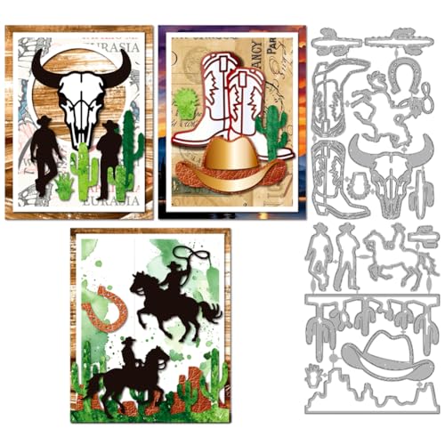 MAYJOYDIY Western Cowboy Metall Stanzformen Kuhschädel Pferde Stanzformen Wüstenkaktus Dünen Prägeschablonen Scrapbooking Werkzeug Für DIY Scrapbooking Basteln Kartenherstellung Album Geschenk Dekor von MAYJOYDIY