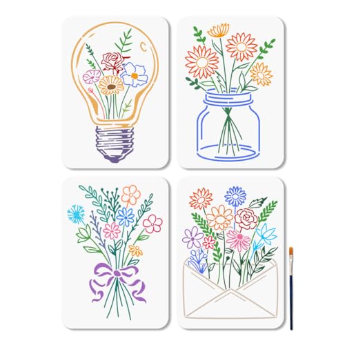 MAYJOYDIY Wildblumen-Schablonen zum Malen, 21,1 x 29,7 cm, wiederverwendbare Blumenblatt-Schablonen mit Pinsel zum Basteln, Malen auf Holz, Handwerk, Leinwand, Wände, Dekorationen, Scrapbooking, 4 von MAYJOYDIY