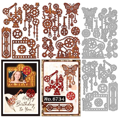 MAYJOYDIY Zahnradrahmen Metall Stanzformen Steampunk Stanzmaschine Schmetterlings Prägeschablonen Scrapbooking Werkzeug Für DIY Scrapbooking Basteln Kartenherstellung Album Geschenk Dekor von MAYJOYDIY