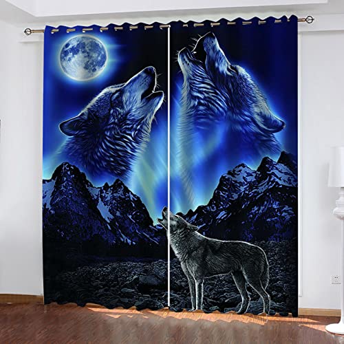 Blickdichte Vorhänge Mit Motiv 3D Blaues Tier Wolf Kinder Gardinen Blickdicht Ösen Gardine Thermo 264x214 cm Schlafzimmer Kinderzimmer Vorhänge Dekoratives Muster, Verdunklungsvorhänge von MAYNUO