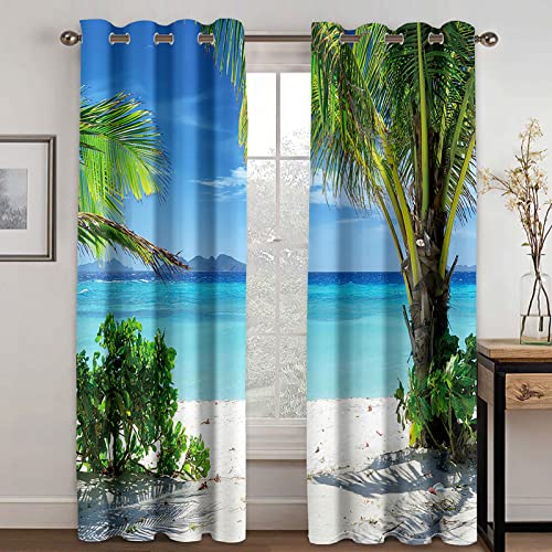 MAYNUO Verdunklungsvorhänge 3D Strand Am Meer Gardinen Mit Ösen Blickdichte Vorhänge Für Schlafzimmer Wohnzimmer 200x160 cm Vorhang Kinderzimmer Junge, 2Er Set Gardinen Mit Ösen, Abdunkelnde von MAYNUO