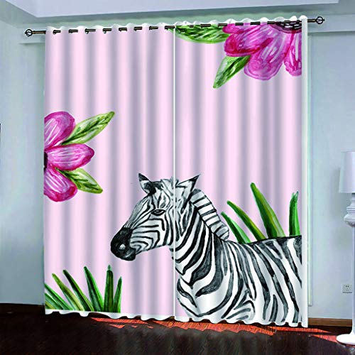 MAYNUO Verdunklungsvorhänge Kinderzimmer 3D Rosa Blumen Tier Zebra Vorhang Blickdicht Gardinen Mädchen 140x160 cm Vorhänge Für Schlafzimmer Wohnzimmer, Verdunkelung Mit Ösen von MAYNUO
