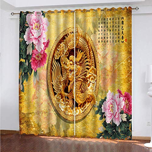 Wohnzimmer Gardinen Goldener Jade Schnitzdrache 2 Stück Muster Verdunkelungsvorhang Schlafzimmer 280x260Cm Thermovorhang Schlafzimmer Farben Kinderzimmer Fensterdekoration von MAYNUO