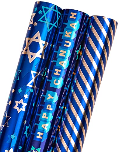 MAYPLUSS Geschenkpapierrolle – Mini-Rolle – 43,2 x 304,8 cm pro Rolle – 3 verschiedene Chanukka-Designs (42,3 m²) von MAYPLUSS