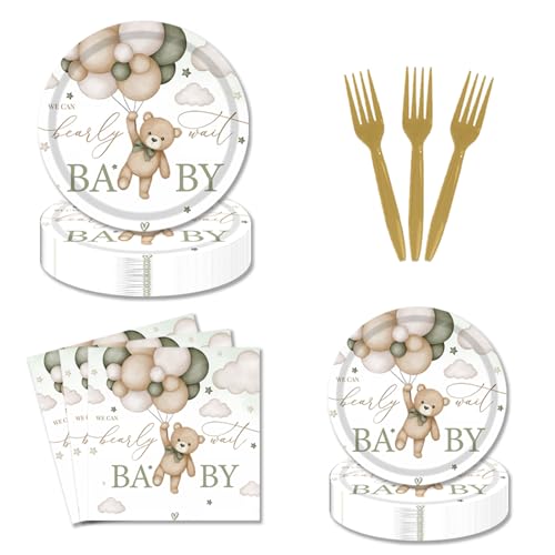 Teller und Servietten mit Aufschrift "We Can Bearly Wait", geschlechtsneutral, für Babyparty, 24 Stück, inklusive Teller, Servietten, Gabeln, grüner, brauner Boho-Teddybär für Mädchen und Jungen Teller und Servietten mit Aufschrift "We Can Bearly Wait", geschlechtsneutral, für Babyparty, 24 Stück, inklusive Teller, Servietten, Gabeln, grüner, brauner Boho-Teddybär für Mädchen und Jungen von MAYSSKQ