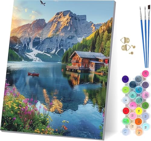 Berg Malen Nach Zahlen Erwachsene Mit Rahmen, Malen Nach Zahlen HäUser, DIY Set Erwachsene Mit 3 Pinseln und Acrylfarbe, Paint by Numbers für Deko Wohnzimmer, Geschenke für Frauen 70x95cm 8-5284 von MAYUPEOU
