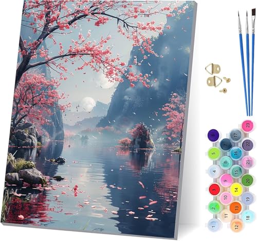 Berg Malen Nach Zahlen Erwachsene Mit Rahmen, Malen Nach Zahlen Landschaft, DIY Set Erwachsene Mit 3 Pinseln und Acrylfarbe Knitterfreie Leinwand, Paint by Numbers für Deko Wohnzimmer 70x95cm H-9350 von MAYUPEOU