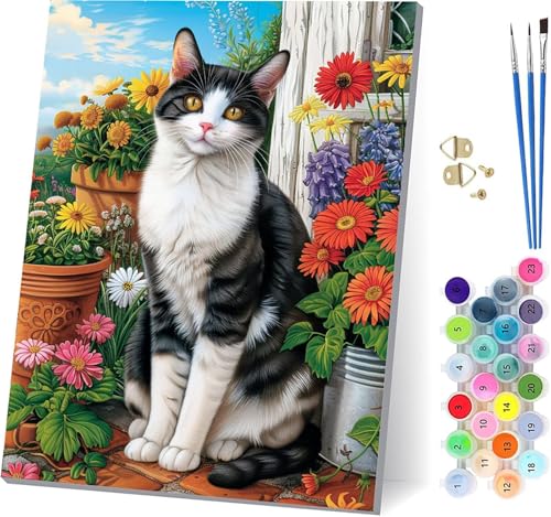 Blume Malen Nach Zahlen Erwachsene Mit Rahmen, Malen Nach Zahlen Katze, DIY Set Erwachsene Mit 3 Pinseln und Acrylfarbe Knitterfreie Leinwand, Paint by Numbers für Deko Wohnzimmer 20x30cm 5-4521 von MAYUPEOU