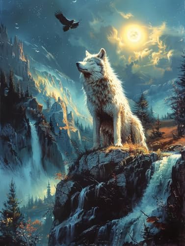 Diamant Painting Bilder Wolf, Diamond Painting Erwachsene Mond, 5D DIY Full Drill Stickerei Kreuzstich Set, Mosaikherstellung Bastelset Erwachsene, für Deko Wohnzimmer Geschenke 70x95cm 0-1663 von MAYUPEOU