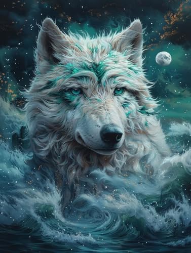 Diamond Painting Erwachsene Wolf, Diamant Painting Bilder Mond, 5D DIY Full Drill Stickerei Kreuzstich Set, Mosaikherstellung Bastelset Erwachsene, für Deko Wohnzimmer Geschenke 60X70cm 7-4545 von MAYUPEOU