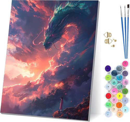 Drachen Malen Nach Zahlen Erwachsene Mit Rahmen, Malen Nach Zahlen Landschaft, DIY Set Erwachsene Mit 3 Pinseln und Acrylfarbe, Paint by Numbers für Deko Wohnzimmer und Wanddeko 70x95cm 2-2952 von MAYUPEOU