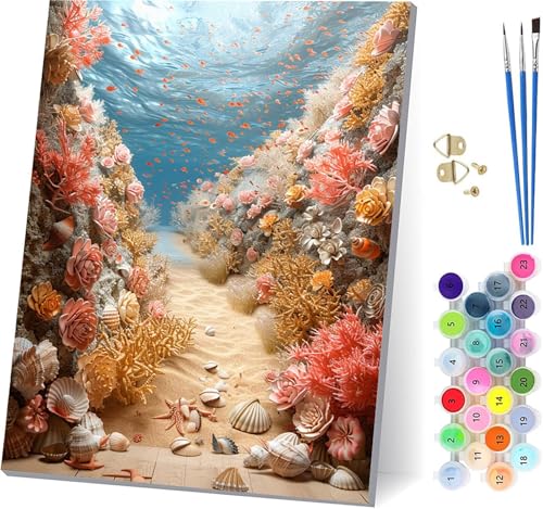 Fisch Malen Nach Zahlen Erwachsene Mit Rahmen, Malen Nach Zahlen Unterwasserlebewesen, DIY Set Erwachsene Mit 3 Pinseln und Acrylfarbe, Paint by Numbers für Deko Wohnzimmer Geschenke 20x30cm A-5571 von MAYUPEOU