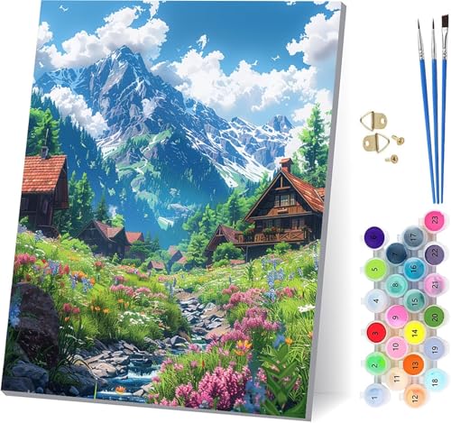 HäUser Malen Nach Zahlen Erwachsene Mit Rahmen, Malen Nach Zahlen Berg, DIY Set Erwachsene Mit 3 Pinseln und Acrylfarbe, Paint by Numbers für Deko Wohnzimmer, Geschenke für Frauen 100x135cm R-7880 von MAYUPEOU